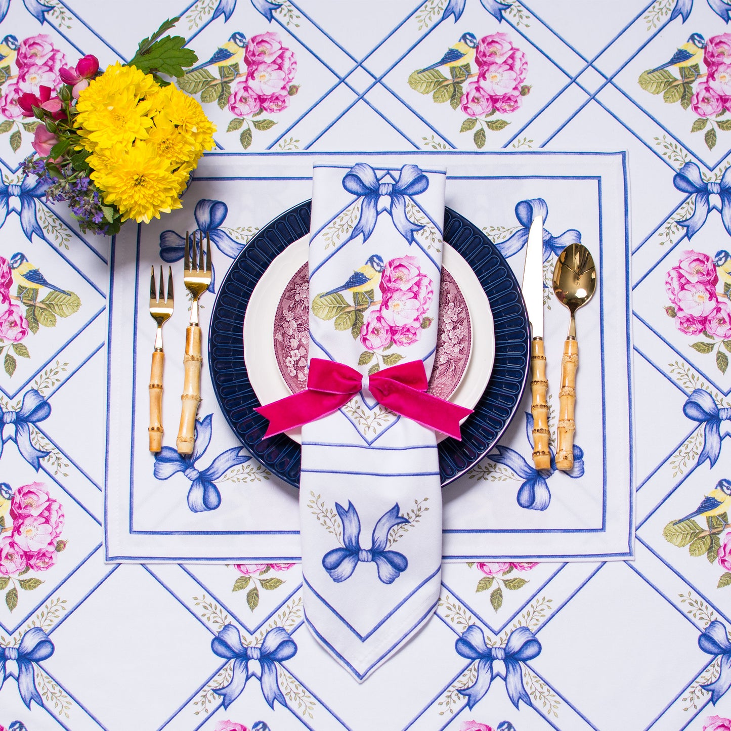 BIRD & ROSES DINNER NAPKINS & PLACEMATS { Set of 4 }