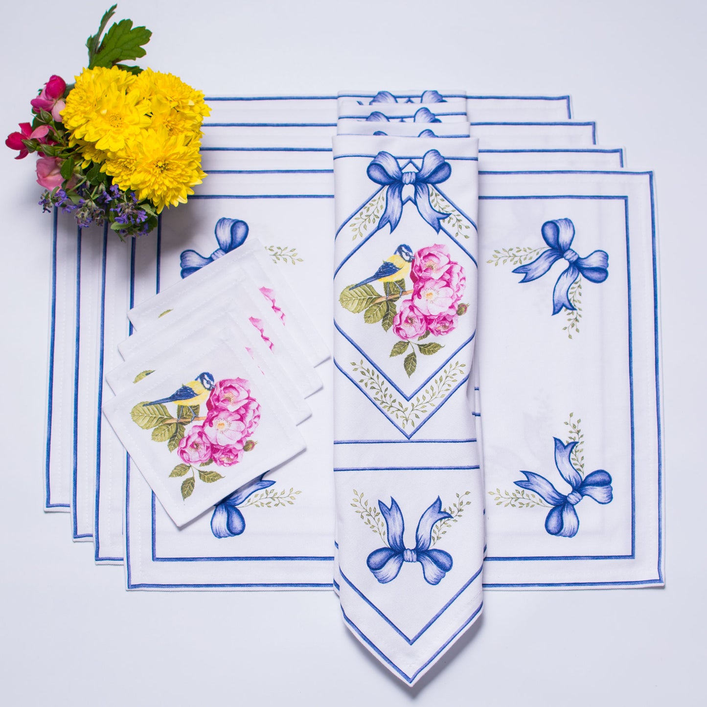 BIRD & ROSES DINNER NAPKINS & PLACEMATS { Set of 4 }